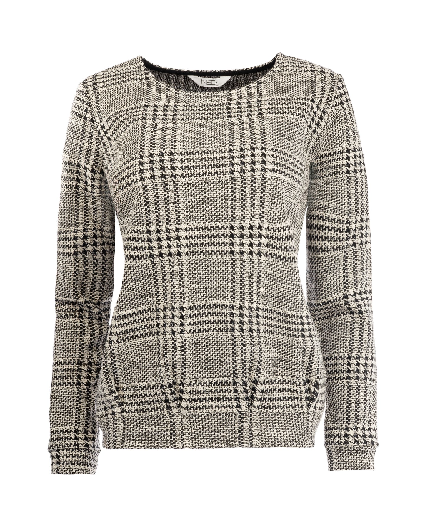 Cela Plain LS NS Ecru Glencheck Lurex Jacquard Knit | Ecru