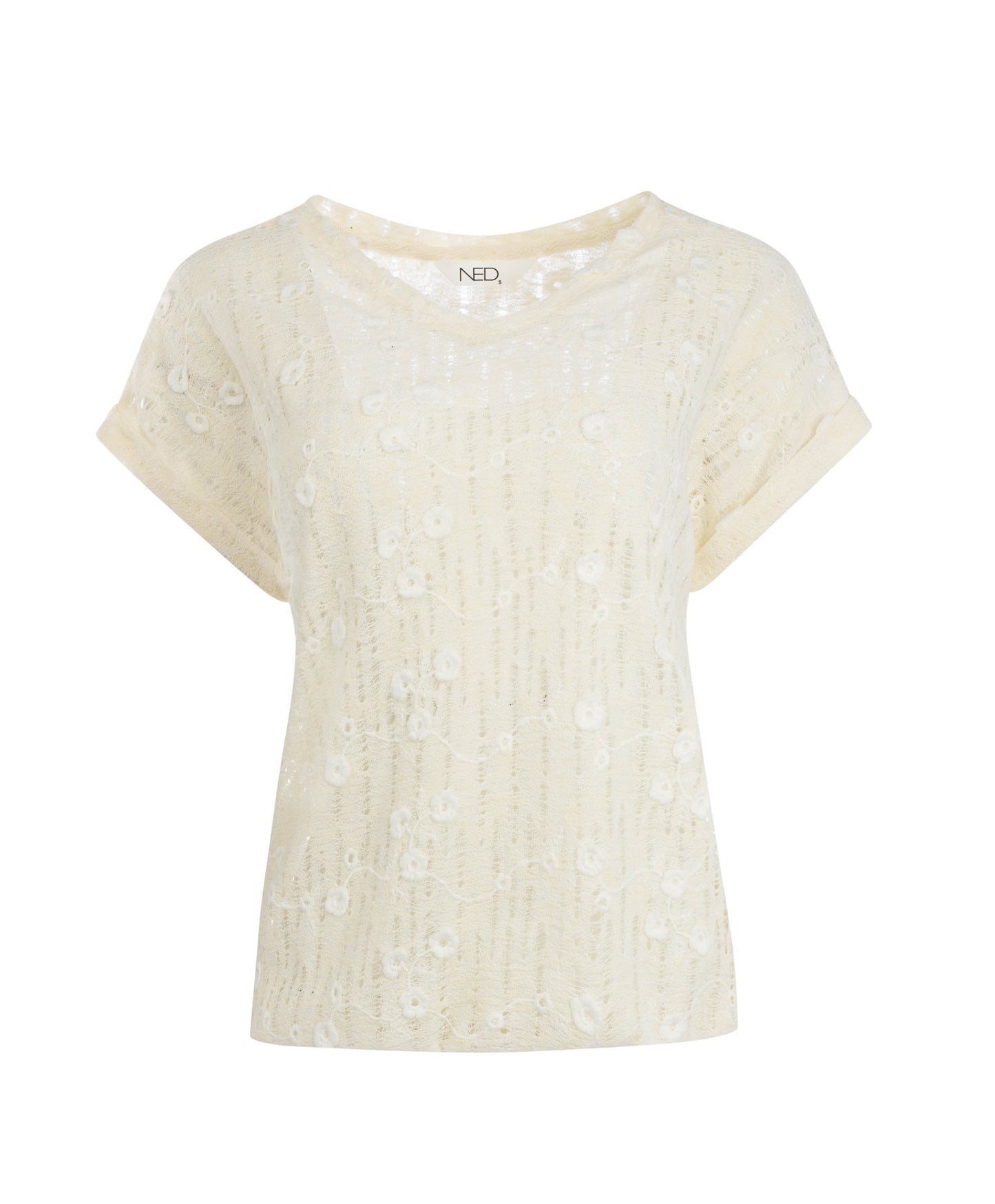 Top Bueno SS Open Floral Embroidery | Ecru
