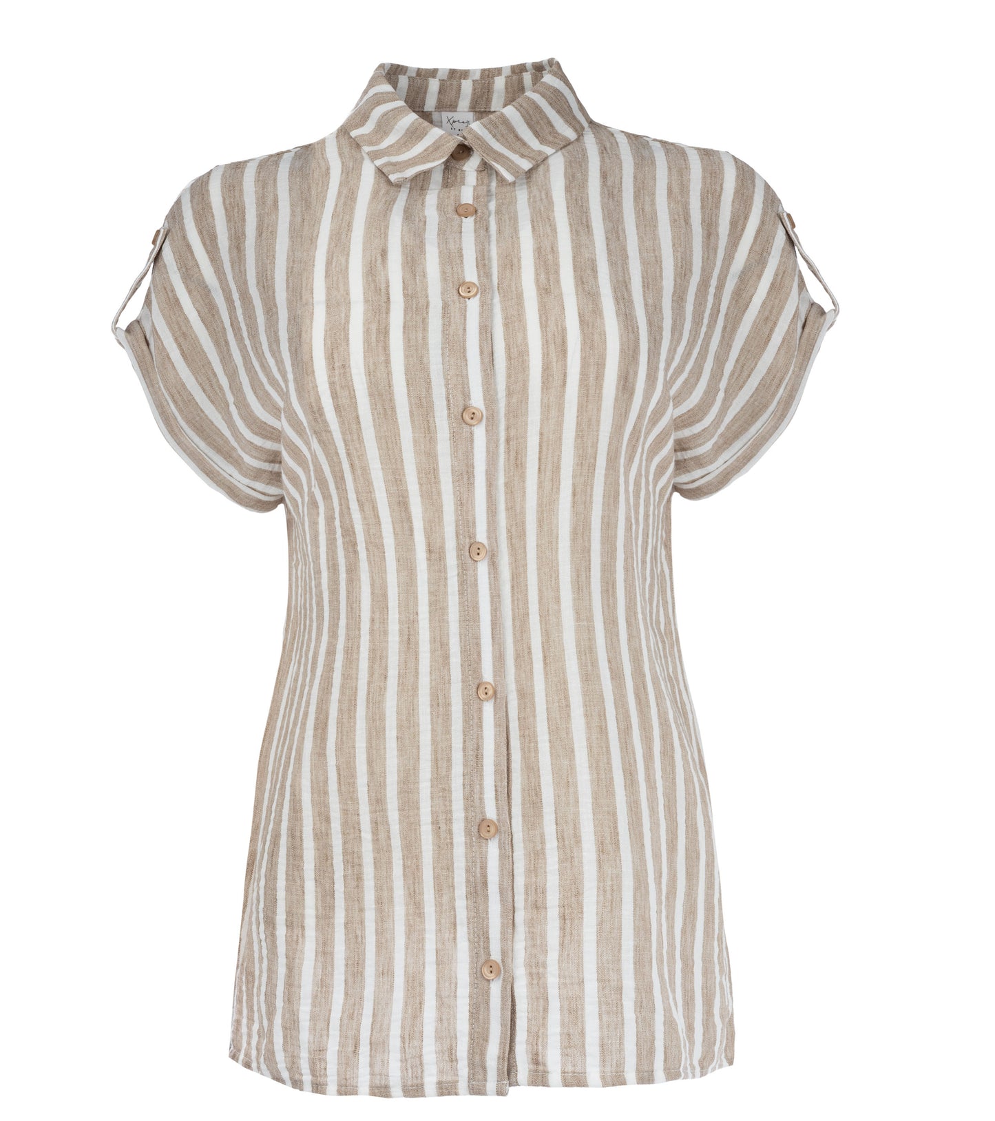 Annelie Top SS Brown Linen Look Stripe Woven | Brown