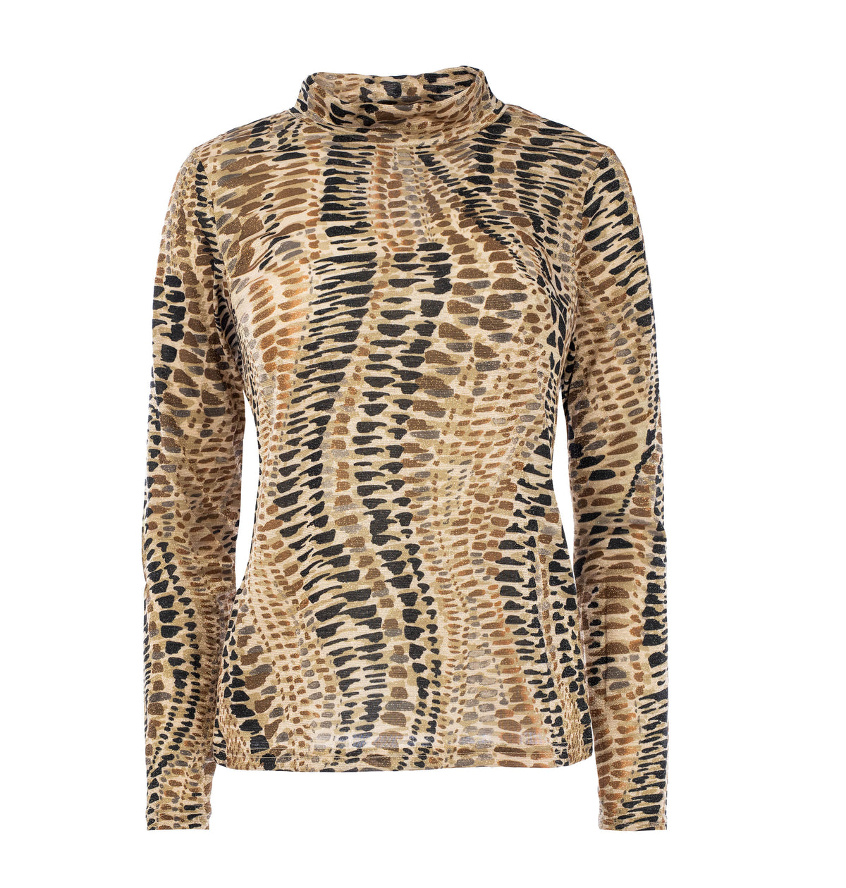 Top Milans Plain LS Tan Graphic Reptile Lurex Tricot Knit | Tan