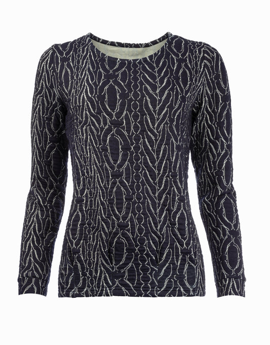 Cela Plain LS NS Estate Blue Contrast Charm Jacquard Knit | Estate Blue