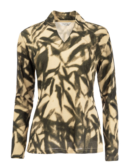 Veral LS Dusty Olive Shadow Leaves Lurex Tricot Knit | Dusty Olive