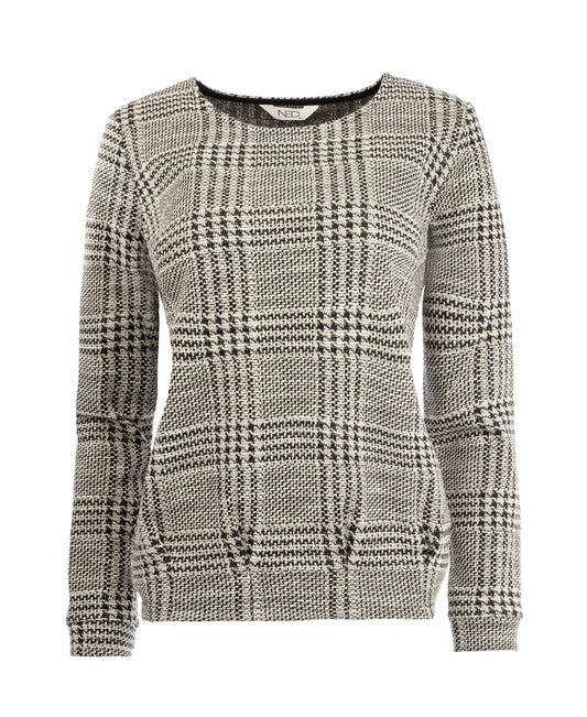 Cela Plain LS NS Ecru Glencheck Lurex Jacquard Knit | Ecru