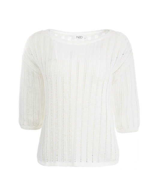 Litani 1/2 SS Open Ajour Knit | Optical White