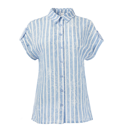 Blouse Annelie Top SS Jeansblue Linen Look Rubber Print Woven | Jeans Blue