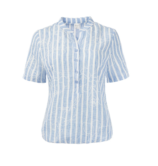 Top Lucie SS Jeansblue Linen Look Rubber Print Woven | Jeans Blue