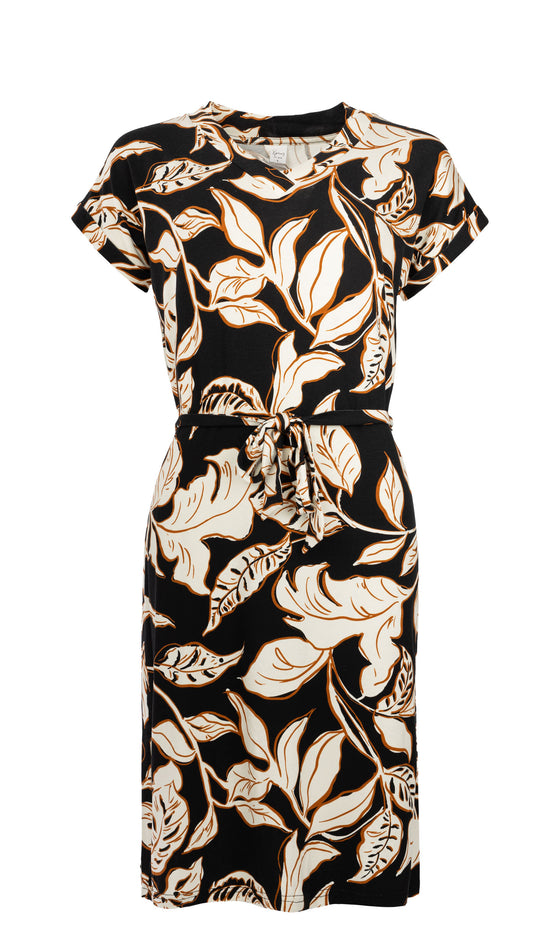 Jurk Mary SS Black Contrast Leaves Tricot | Black