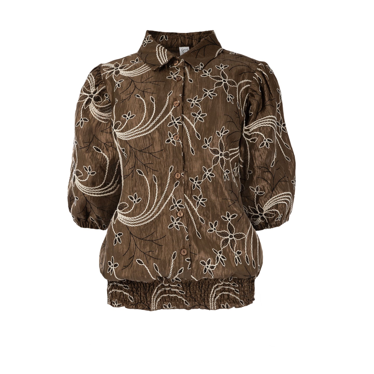 Top Miran 1/2 SS Mid Brown Embroidery Taffeta Woven | Mid Brown