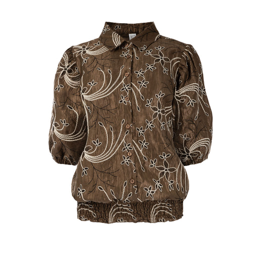 Top Miran 1/2 SS Mid Brown Embroidery Taffeta Woven | Mid Brown