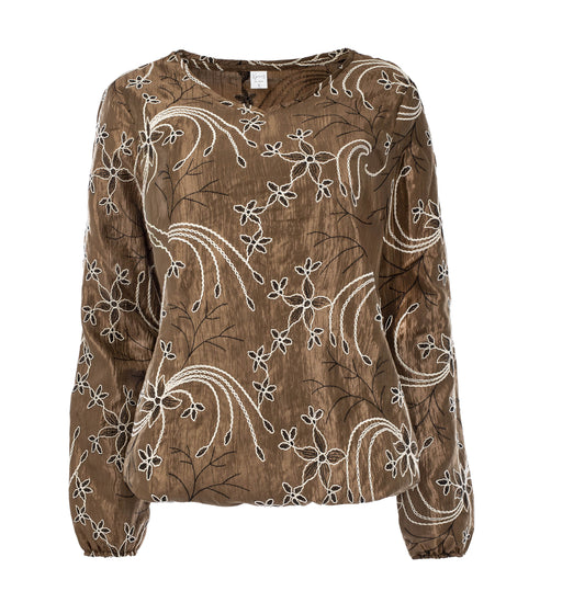 Top Nox W LS Mid Brown Embroidery Taffeta Woven | Mid Brown