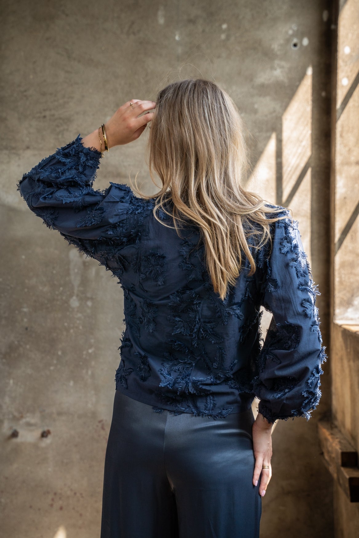 Blouse Job LS Leaves Embroidery | Navy