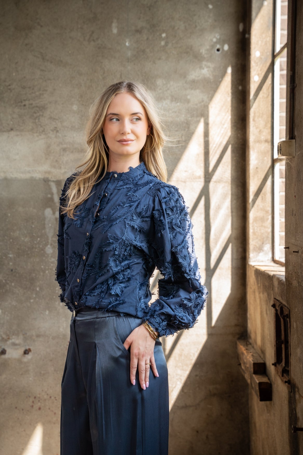 Blouse Job LS Leaves Embroidery | Navy