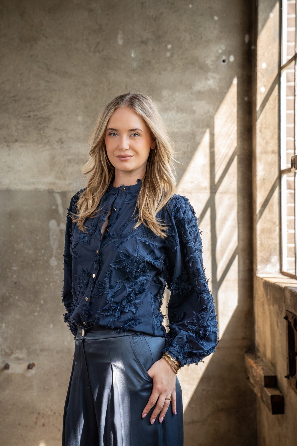 Blouse Job LS Leaves Embroidery | Navy
