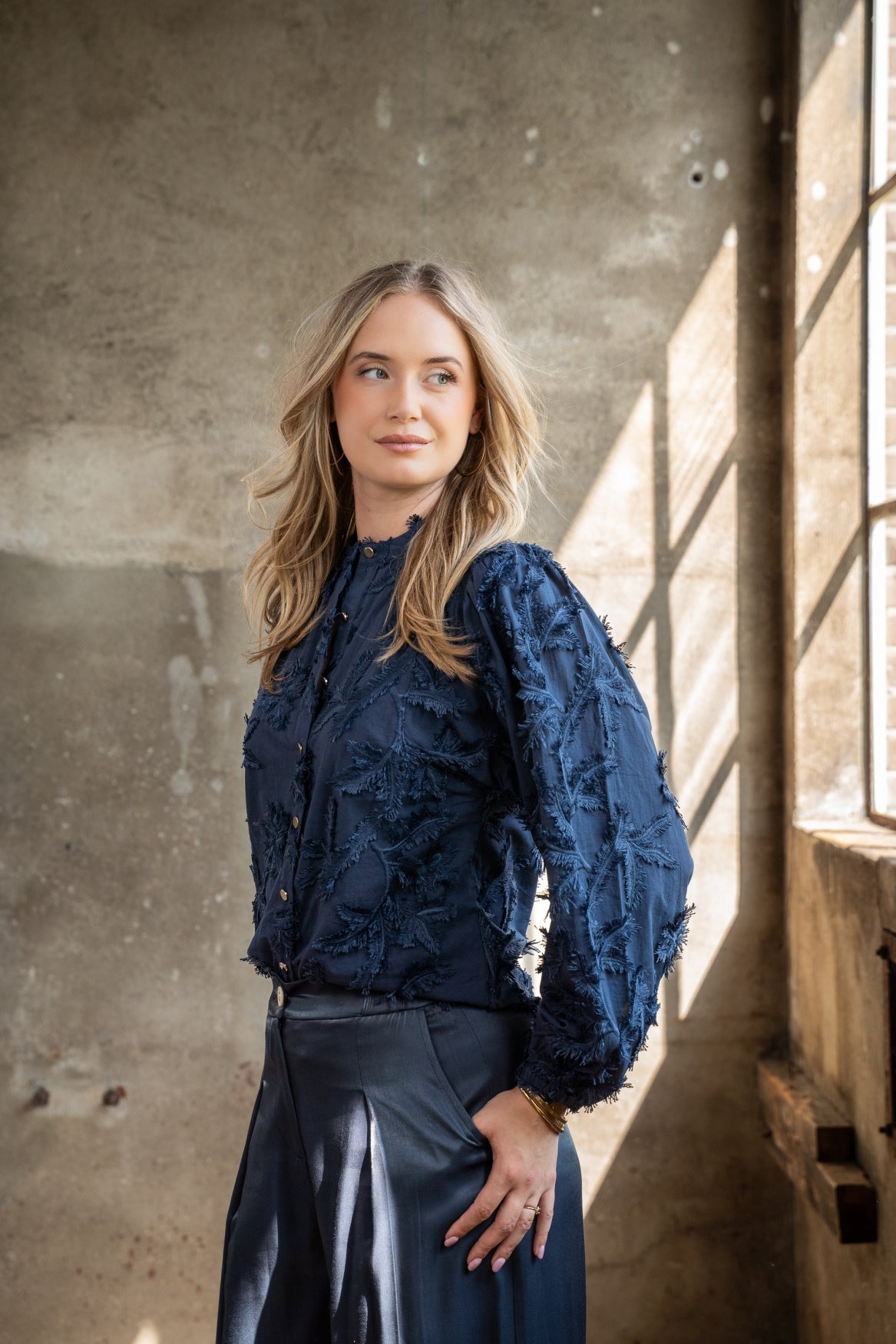 Blouse Job LS Leaves Embroidery | Navy