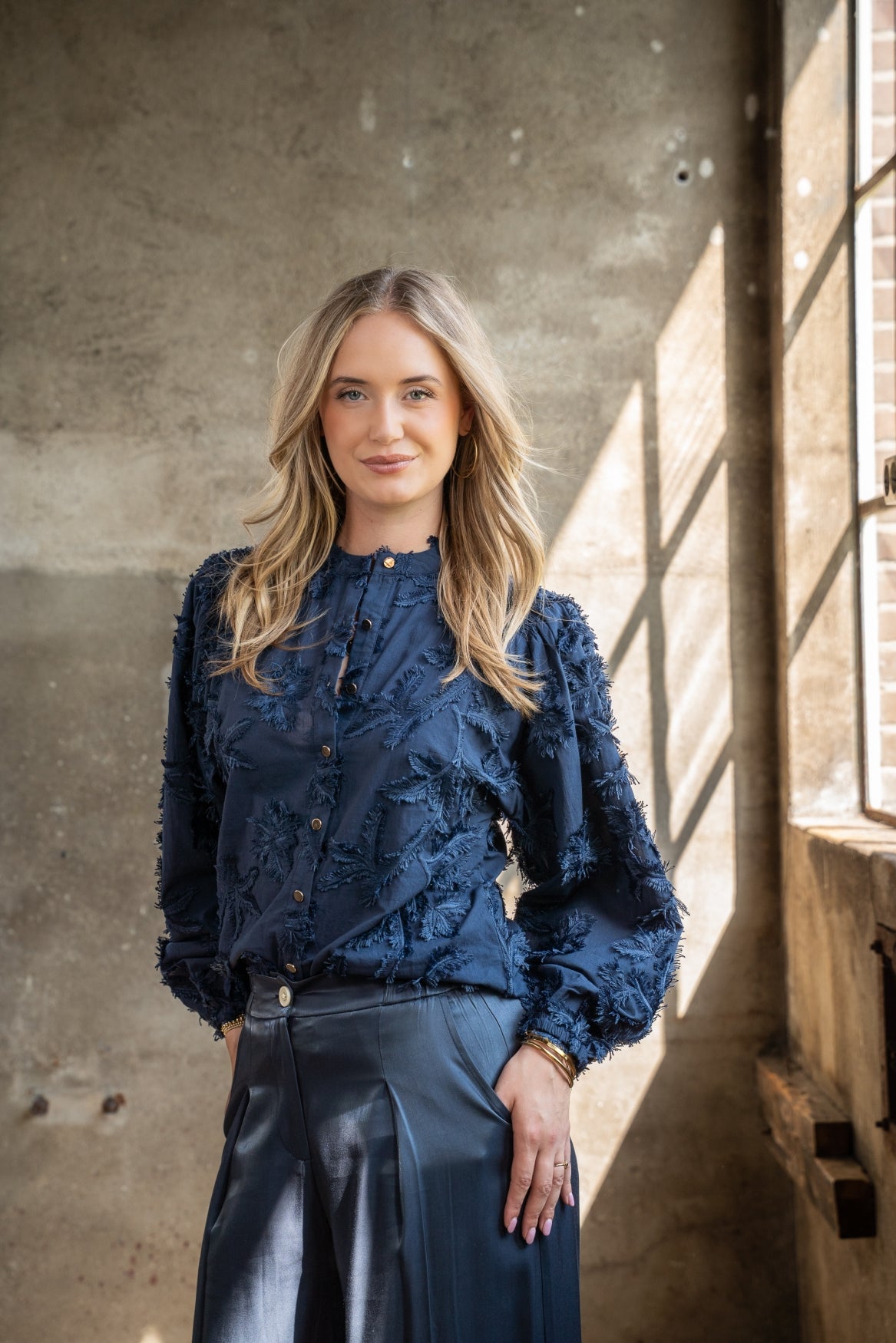 Blouse Job LS Leaves Embroidery | Navy