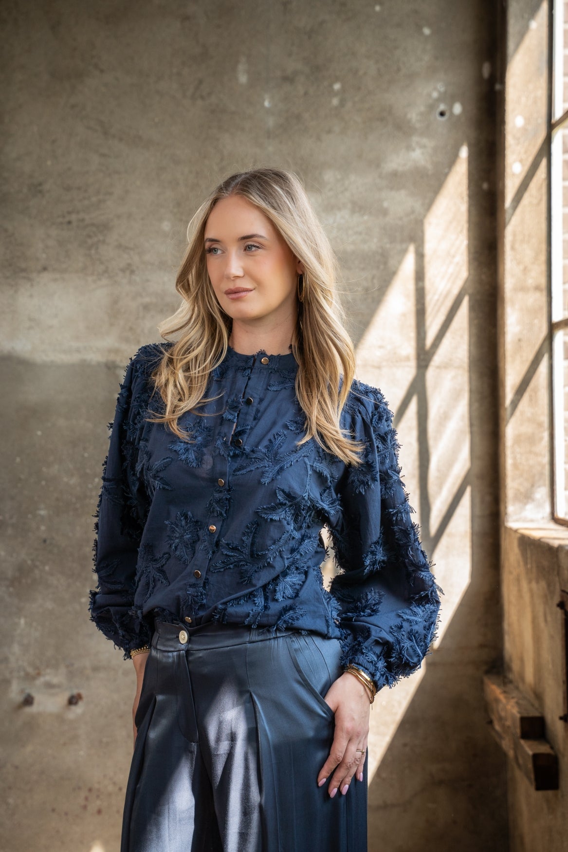 Blouse Job LS Leaves Embroidery | Navy