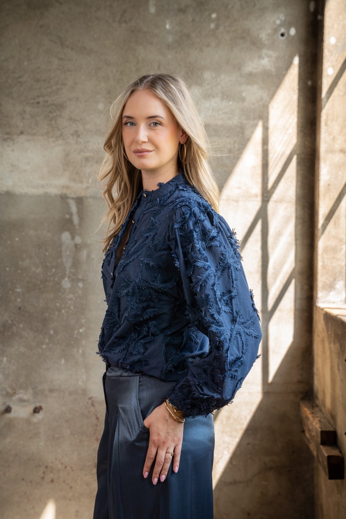 Blouse Job LS Leaves Embroidery | Navy