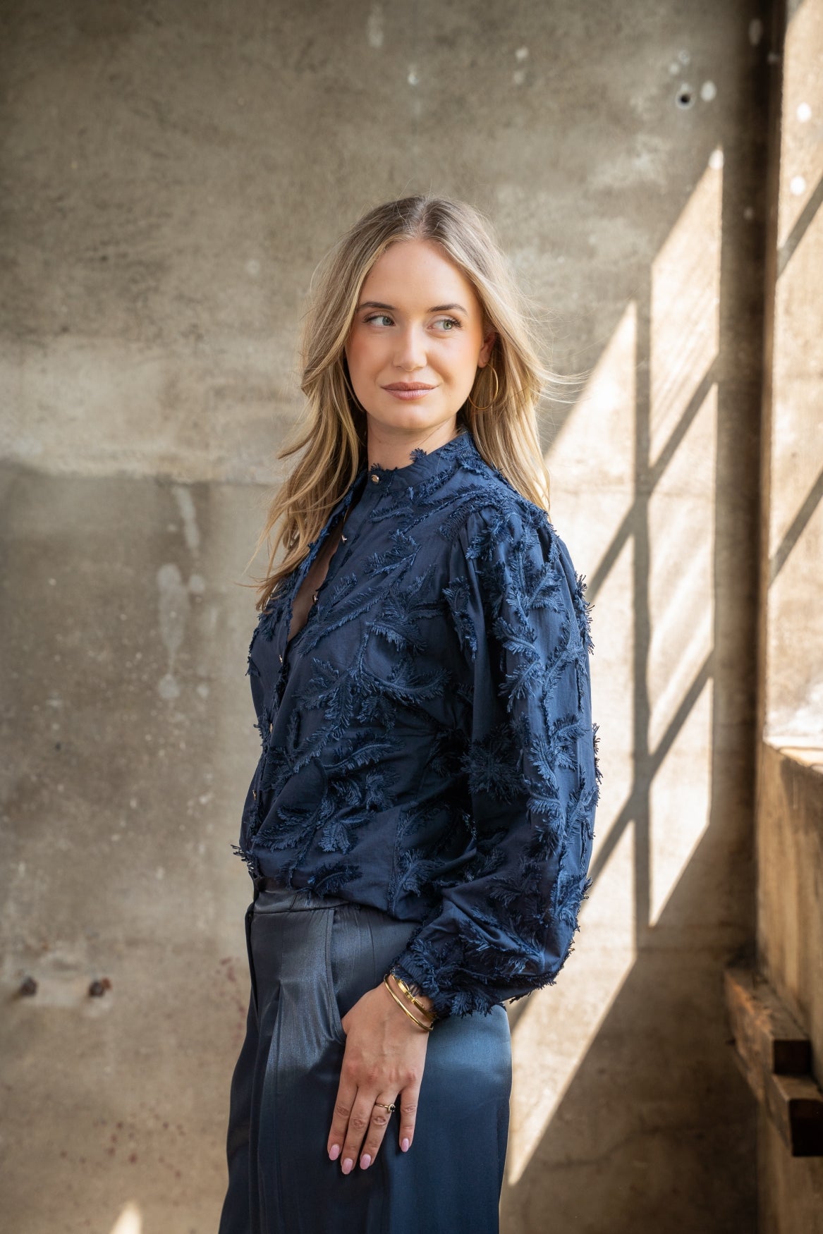 Blouse Job LS Leaves Embroidery | Navy