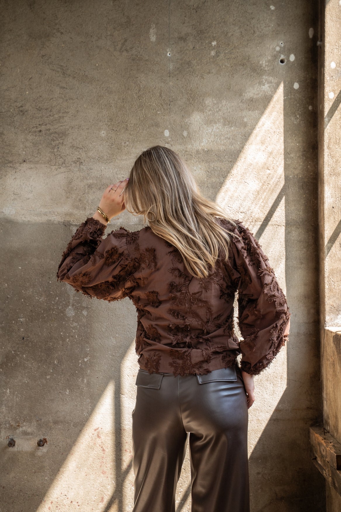 Blouse Job LS Leaves Embroidery | Brown
