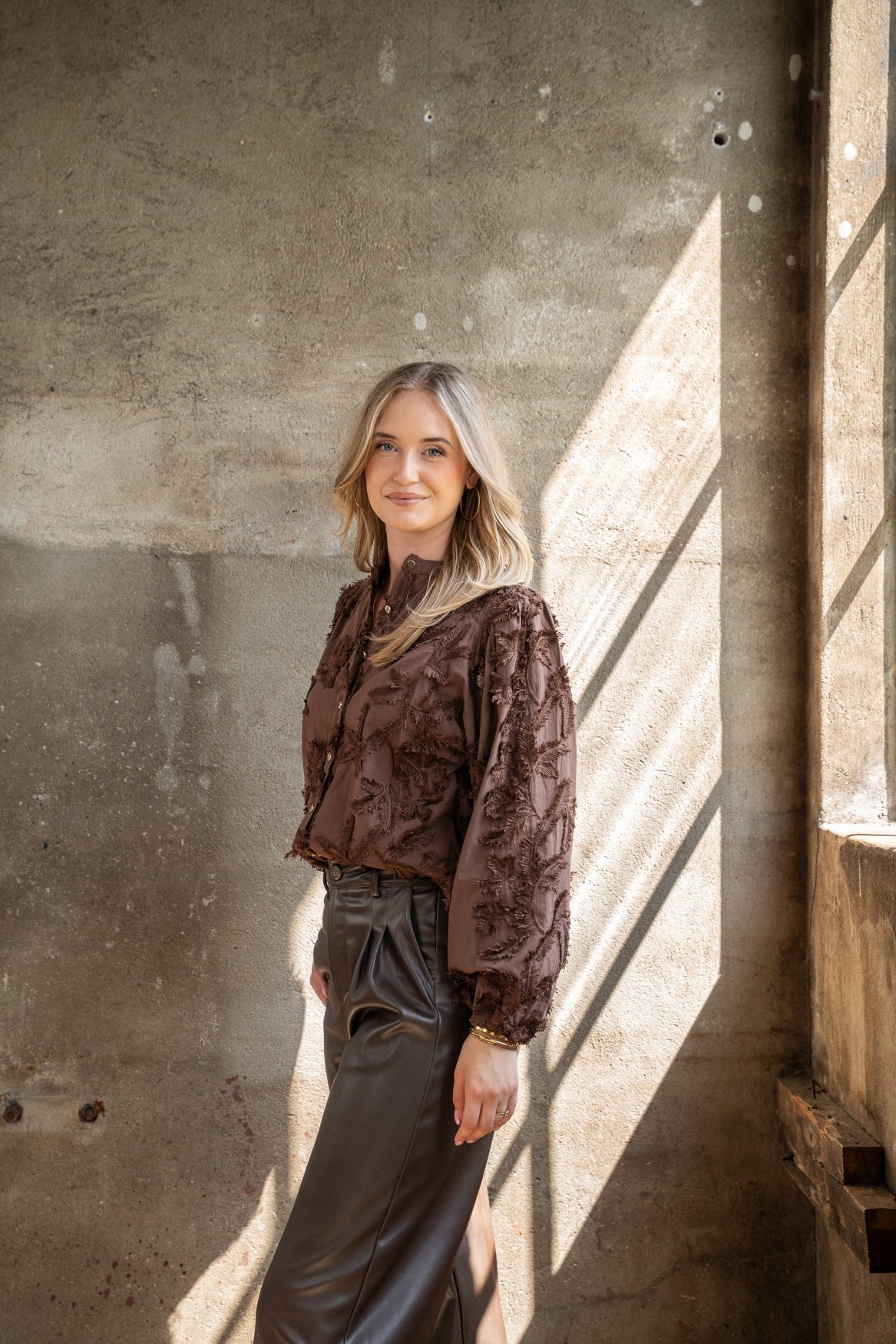 Blouse Job LS Leaves Embroidery | Brown