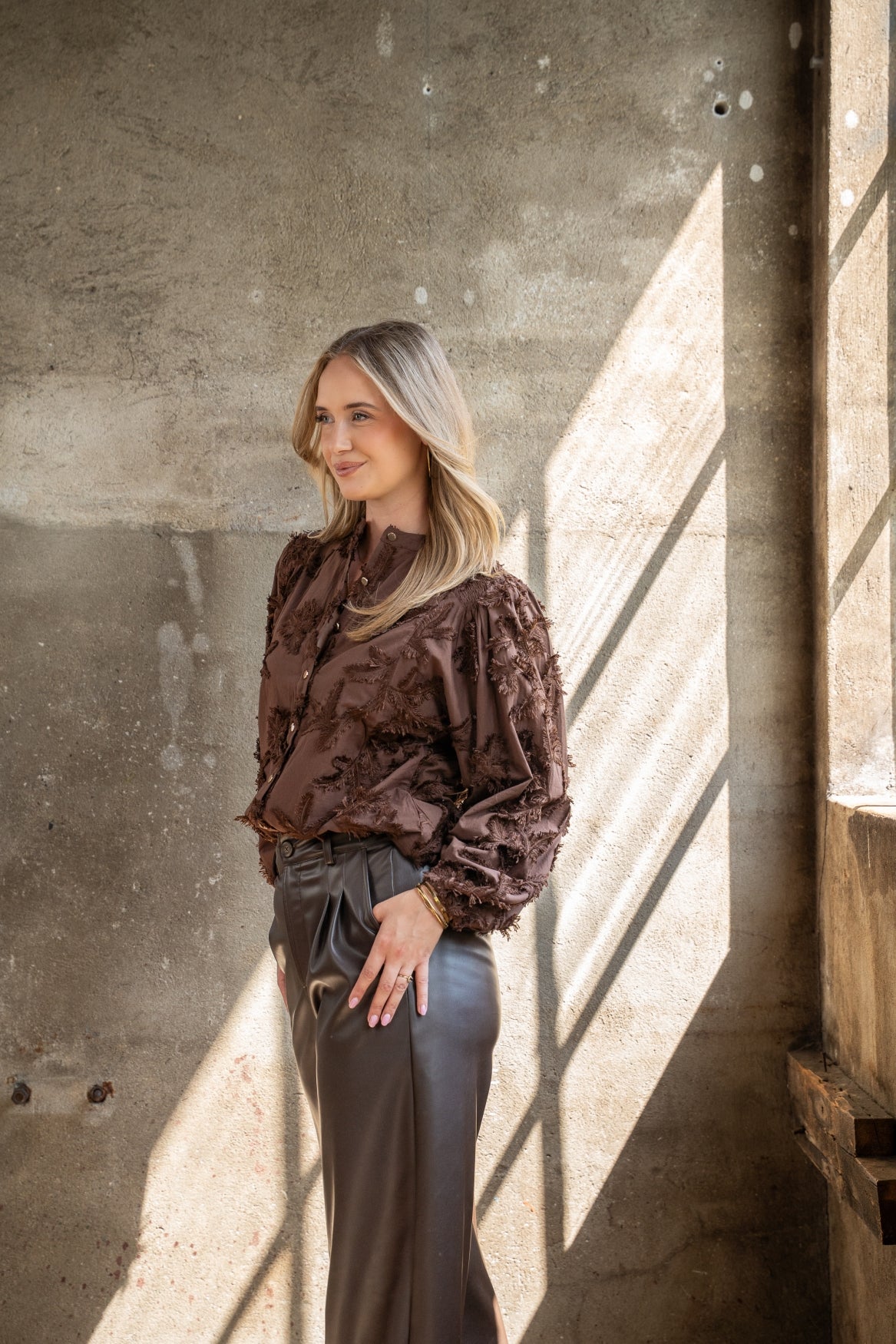 Blouse Job LS Leaves Embroidery | Brown