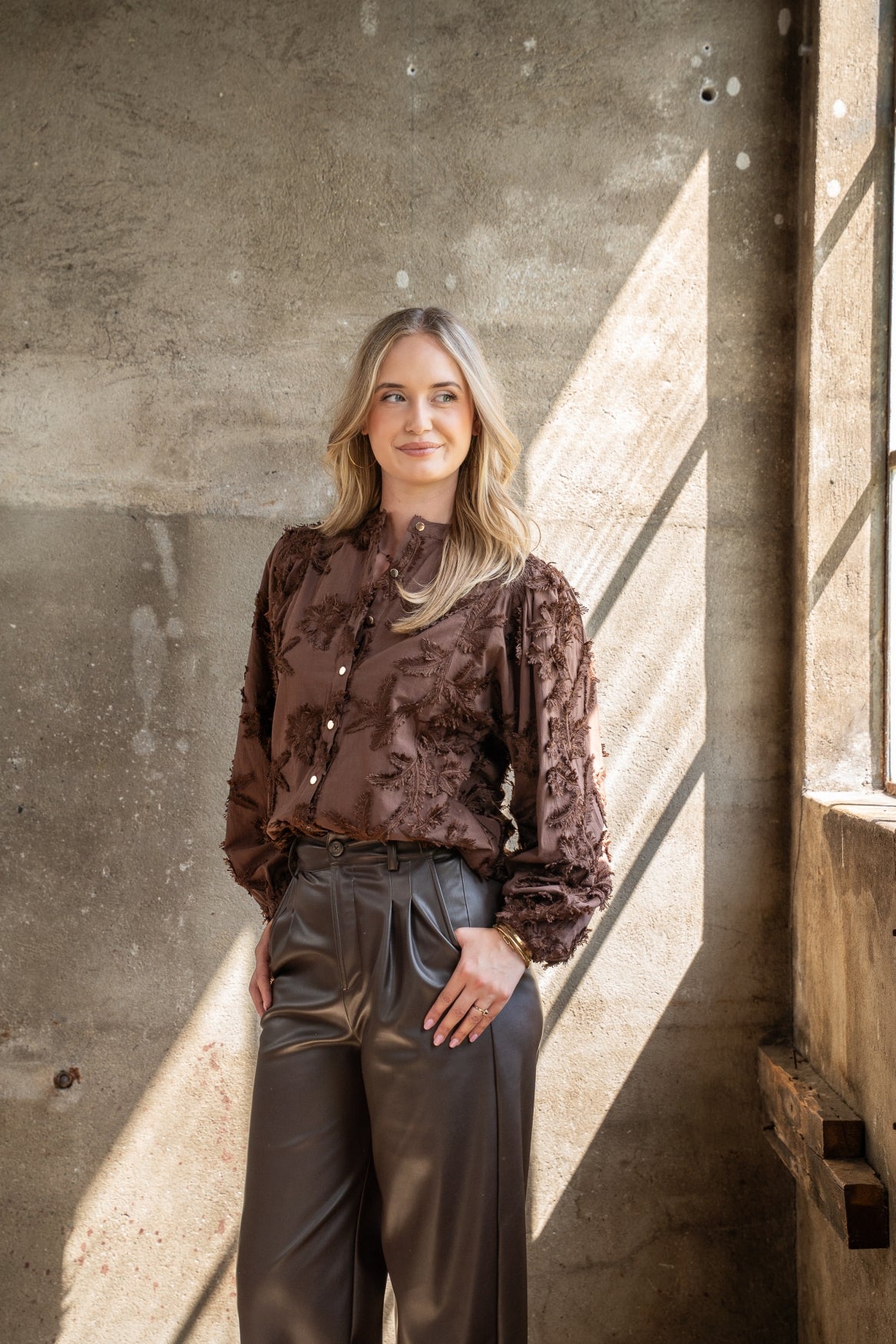 Blouse Job LS Leaves Embroidery | Brown