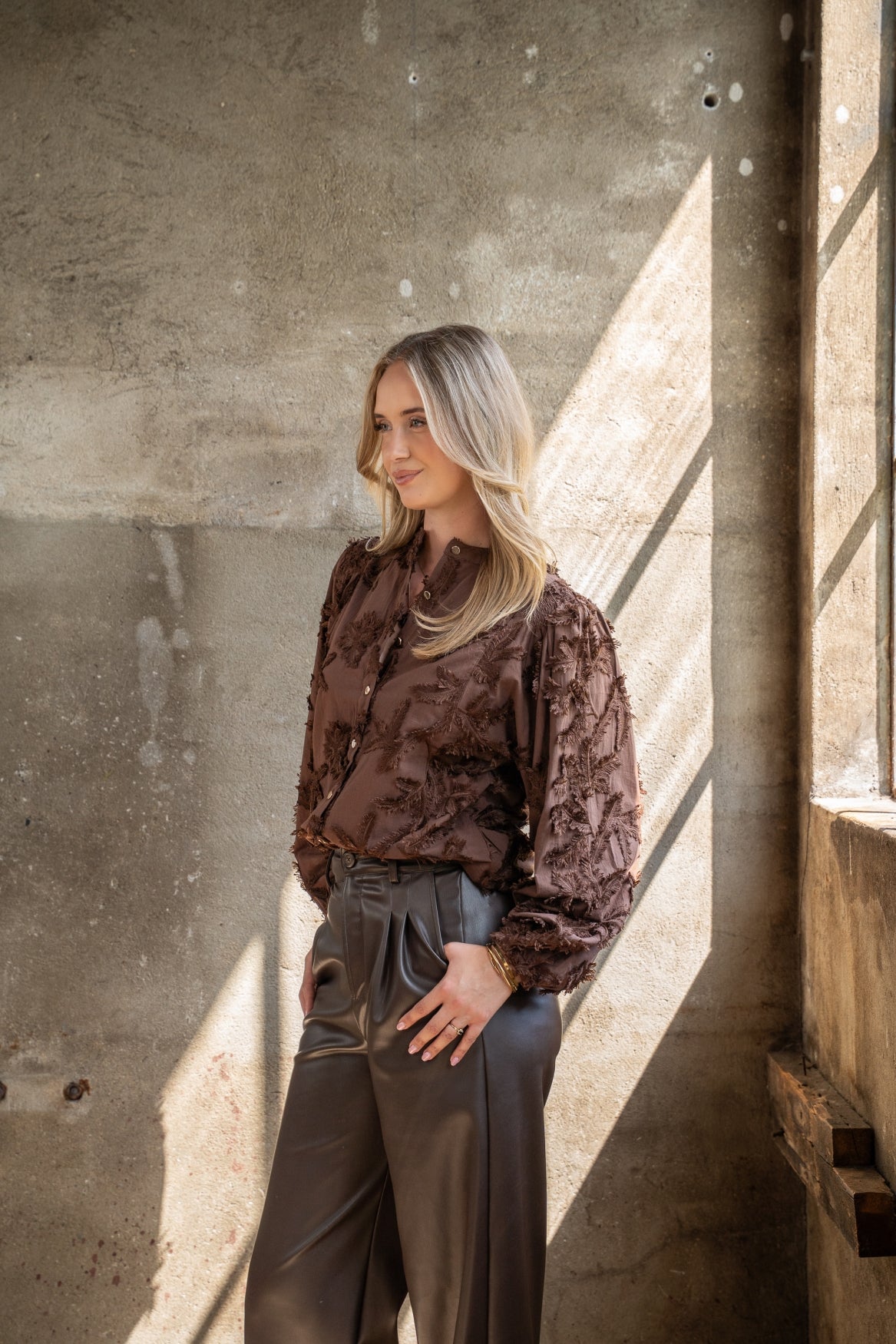 Blouse Job LS Leaves Embroidery | Brown