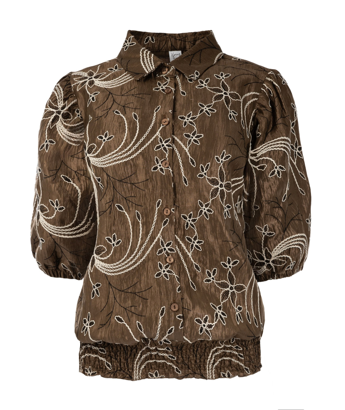 Top Miran 1/2 SS Mid Brown Embroidery Taffeta Woven | Mid Brown