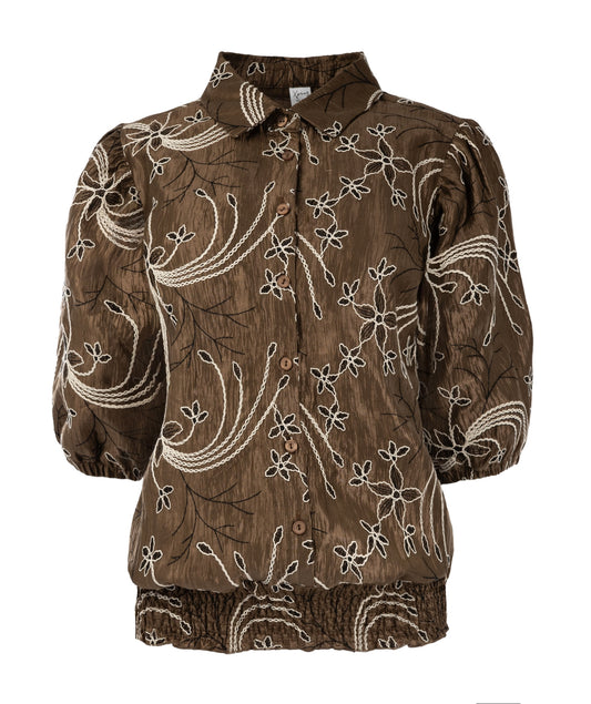 Top Miran 1/2 SS Mid Brown Embroidery Taffeta Woven | Mid Brown