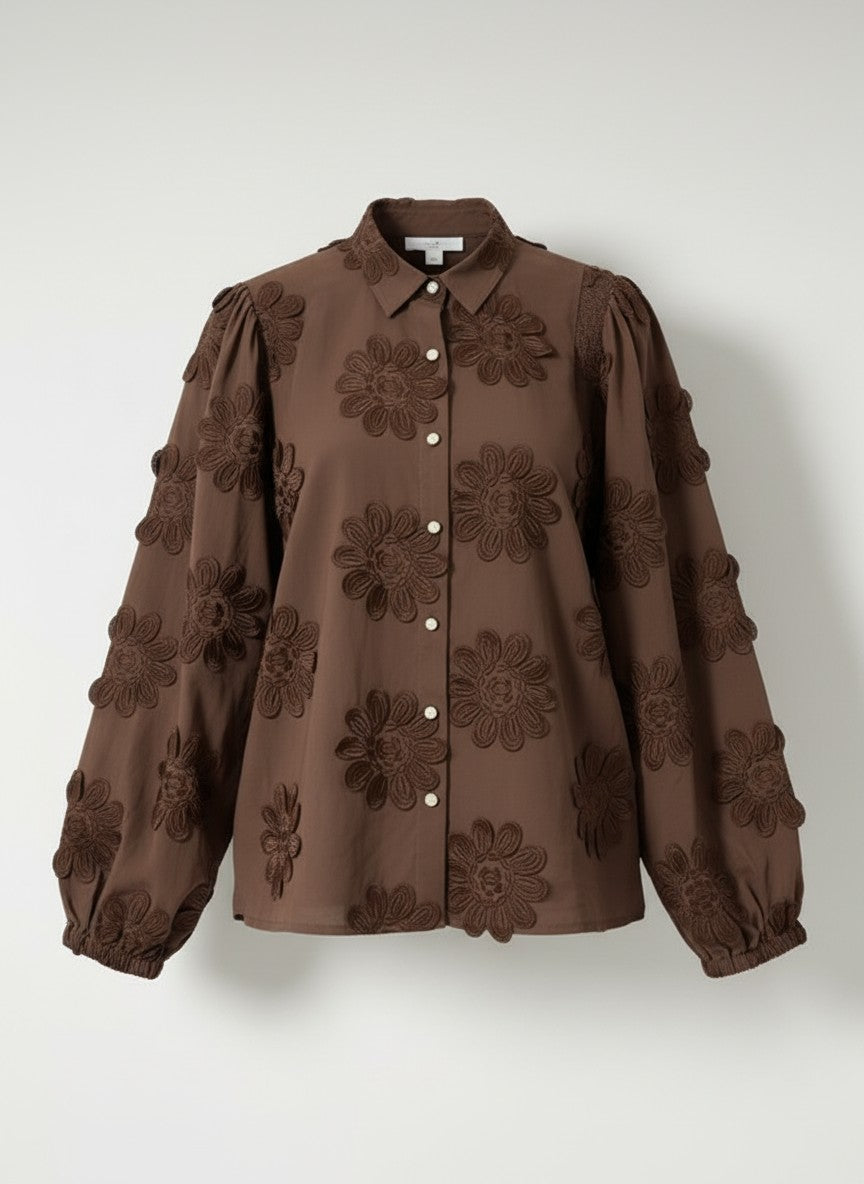 Blouse Job LS New Flower Embroidery | Brown