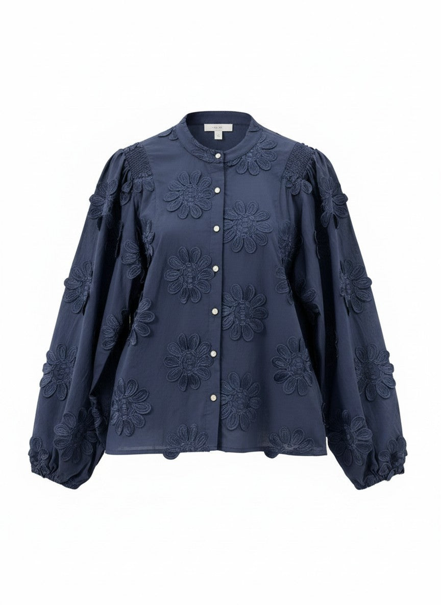 Blouse Job LS New Flower Embroidery | Navy