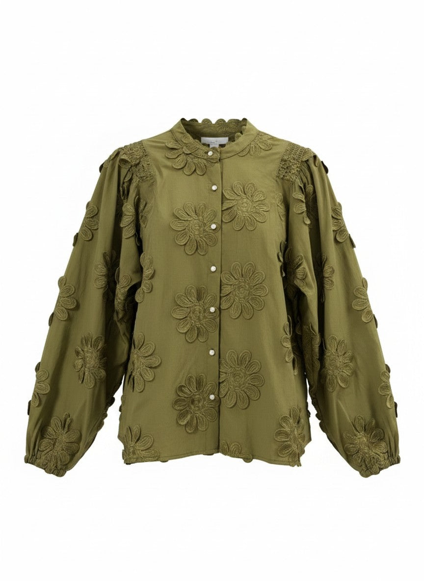 Blouse Job LS New Flower Embroidery | Olive