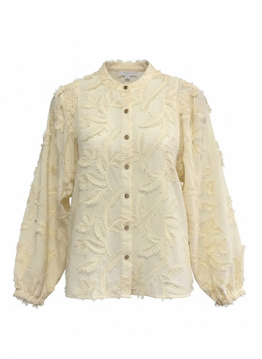Blouse Job LS Leaves Embroidery | Creme