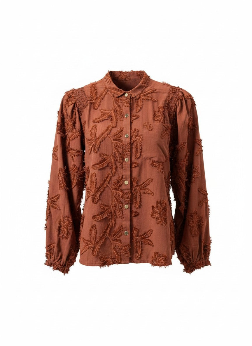 Blouse Job LS Leaves Embroidery | Brandy Brown