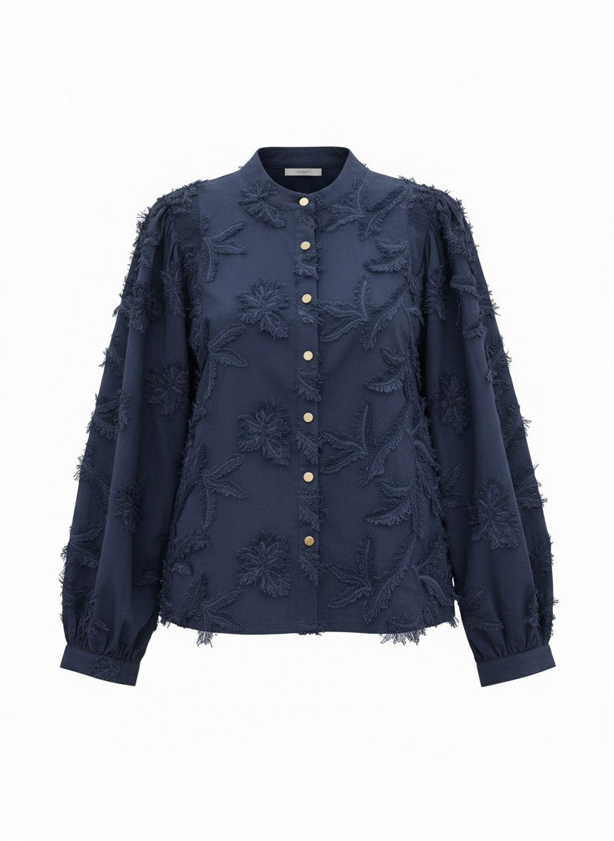 Blouse Job LS Leaves Embroidery | Navy